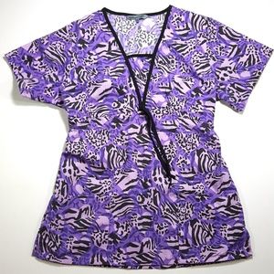 Purple Zebra Print Heart Scrub Top S Wrap Tie